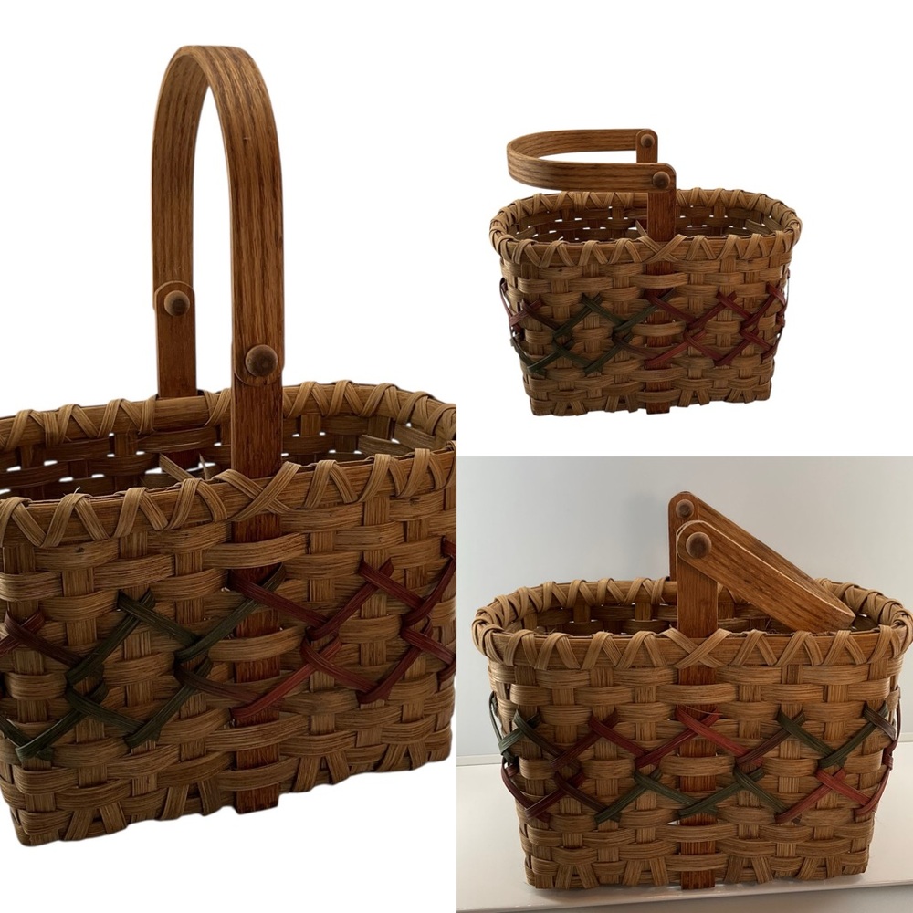 HANDMADE Artisan Woven Basket Tote Divided Red Green Accents